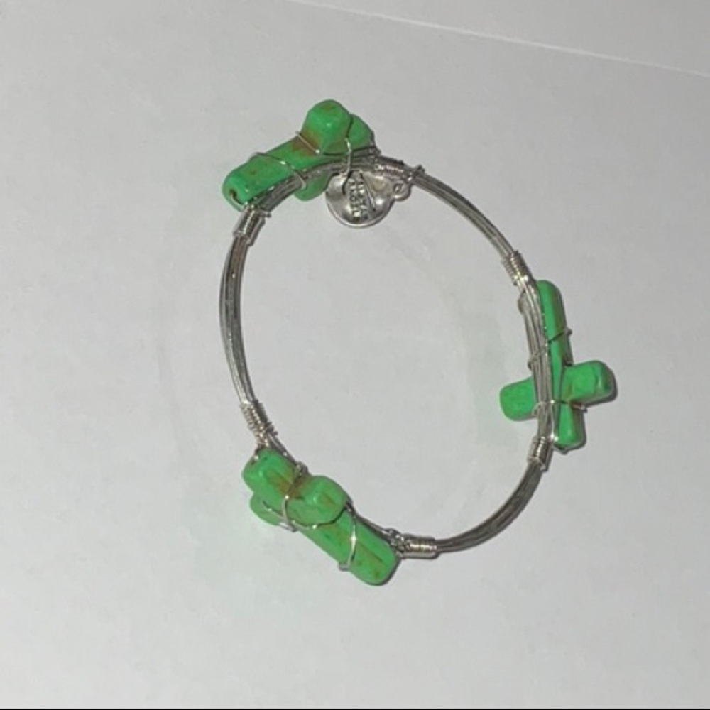 Alexa’s Angels Green Crosses and Silver Toned Metal Bangle Bracelet in Box